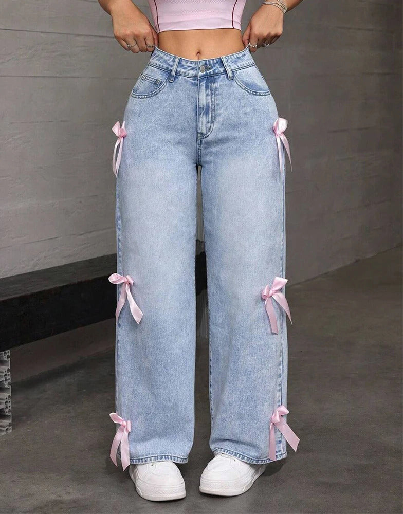 Women Jeans Wide Leg Pants Bow Washed High Waist 2025 Streetwear Denims Distressed Vintage Straight Ankle Length Trousers 250908