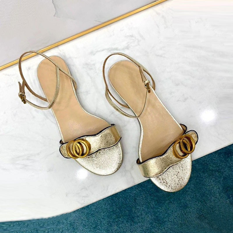 Designer Sandals leather summer women&#039;s fashion leisure college wind single shoes office one word buckle flat bottom size 42