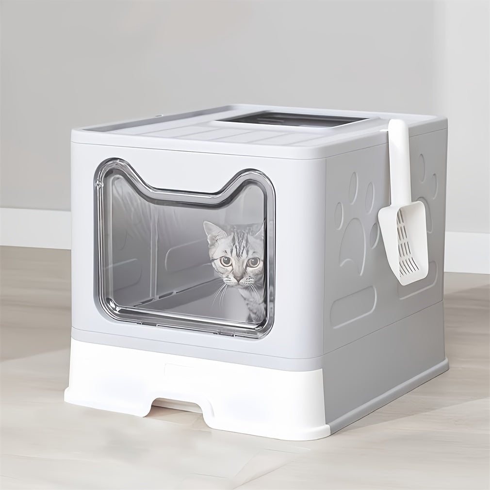 TEMU Cat Litter Box With Tray & Scoop – Space-saving, Hygienic Design For , Large Capacity For Cats Up To 22 Lbs, Grey Plastic With Top-entry & Paw