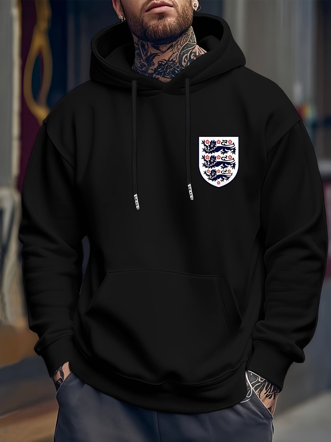 Men&#039;s Casual Hooded Sweatshirt with England Flag Print - Winter Pullover, Regular Fit Hoodie for Casual Attire, Sweater Hoodie