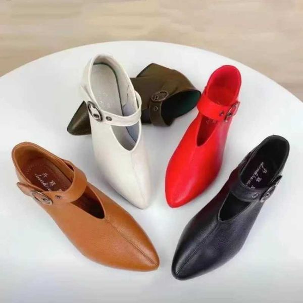 2023 Summer New Solid Color Full Match High Heels Womens Button Soft Face Dot Toe Thick Heel Leather Shoes Womens Y241109