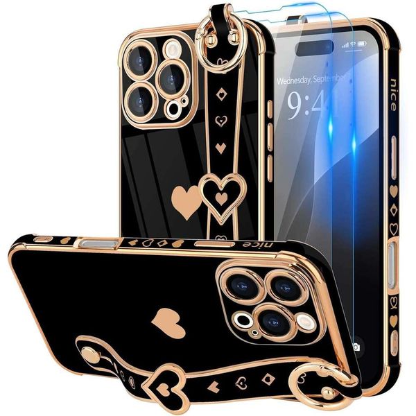 Girls Women 3 Strap 2 Screen Protectors, Cute Love-Hearts Design, Wristband Kickstand Protective Phone Case for iPhone 16 Pro Max 6.9 Black