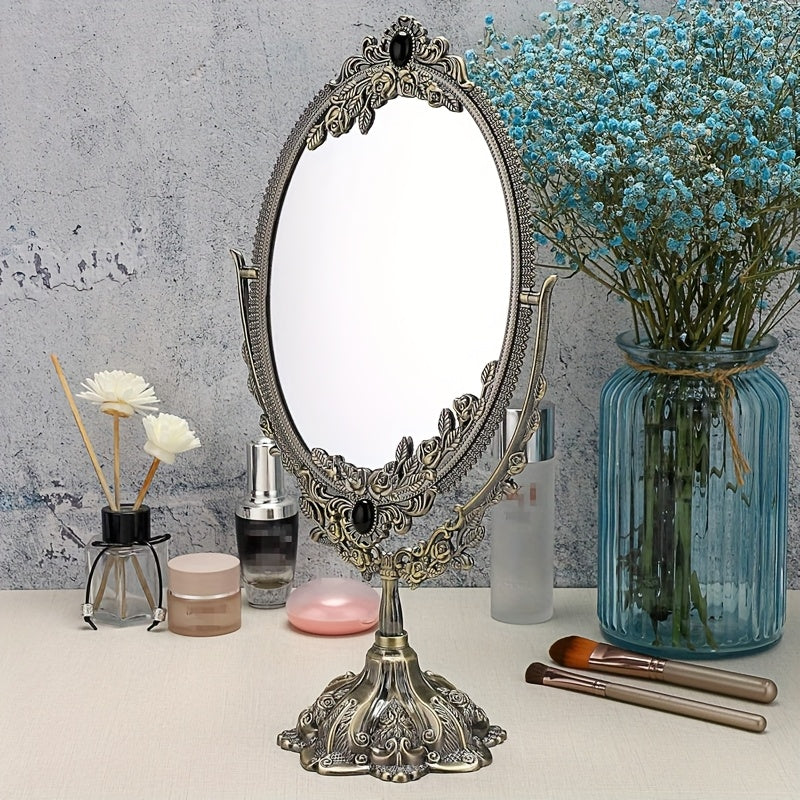 TEMU Vintage Floral Antique Makeup Mirror - Double-sided Swivel Vanity Mirror With Stand, Elegant Tabletop Decor For Bathroom, Bedroom, Dressing - No