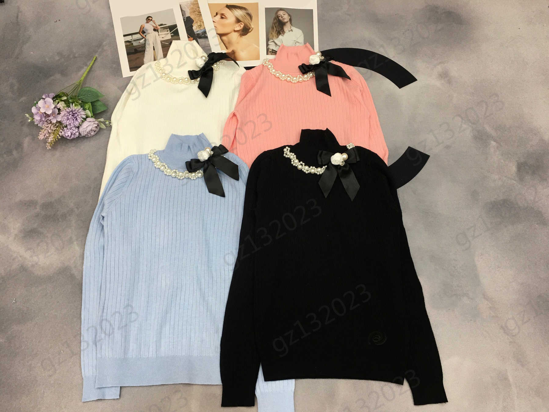 Womens Sweaters Beaded Bows Decoration Stand Collar Pullover Knitted Sweater Simple Style Long Sleeves Warm Knitwear Designer Women Clothes 4 Colors