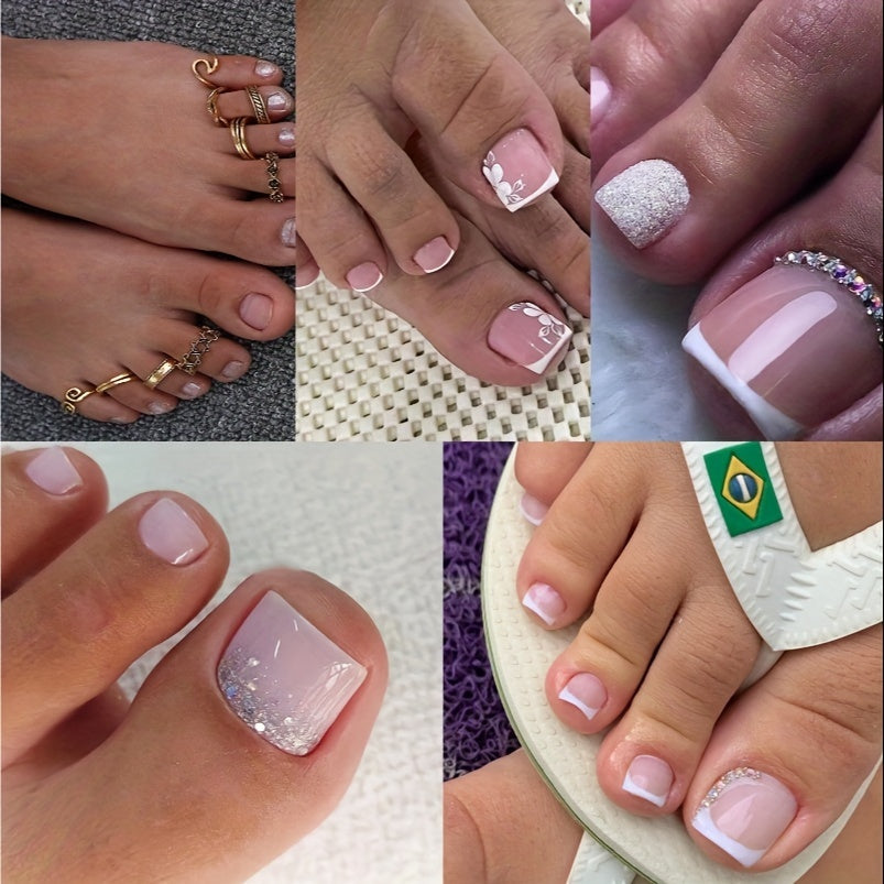 TEMU 96pcs French Tip Press On Toenails + 9pcs Rings Pink Fake Toe Nails Glitter False Toenails Glossy Full Cover Acrylic Toenails With Design