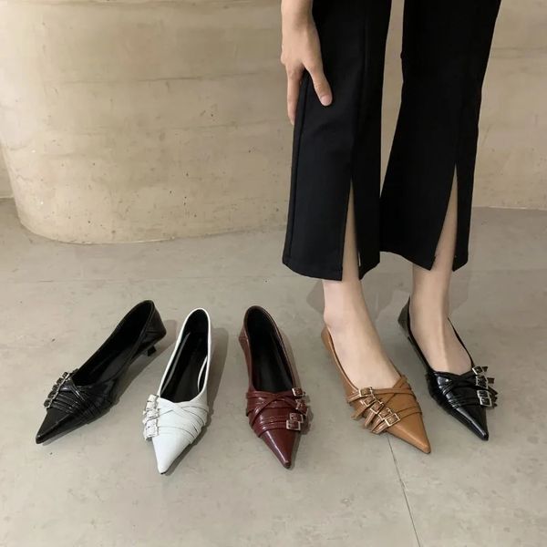 2024 Fashion Pointed Toe Low Heel Pumps Women Shoes Belt Buckle Shallow Slip on Ballet Elegant Pumps for Party Dress 240927