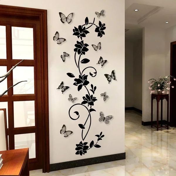 Black Flower Vine 3D Butterfly Wall Sticker Background Bedroom Room Decoration Removable 250206