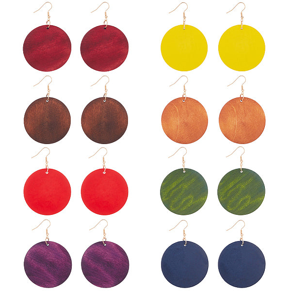 8 paire de boucles d'oreilles pendantes rondes plates en bois vierges de 8 couleurs avec épingles en fer pour femmes