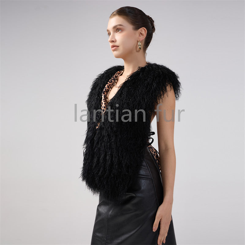 2025 New Fashion Luxury Lady Strap Wool Fur Scarf Elegant Backless Belt Large Mongolian Fur Collar for Women