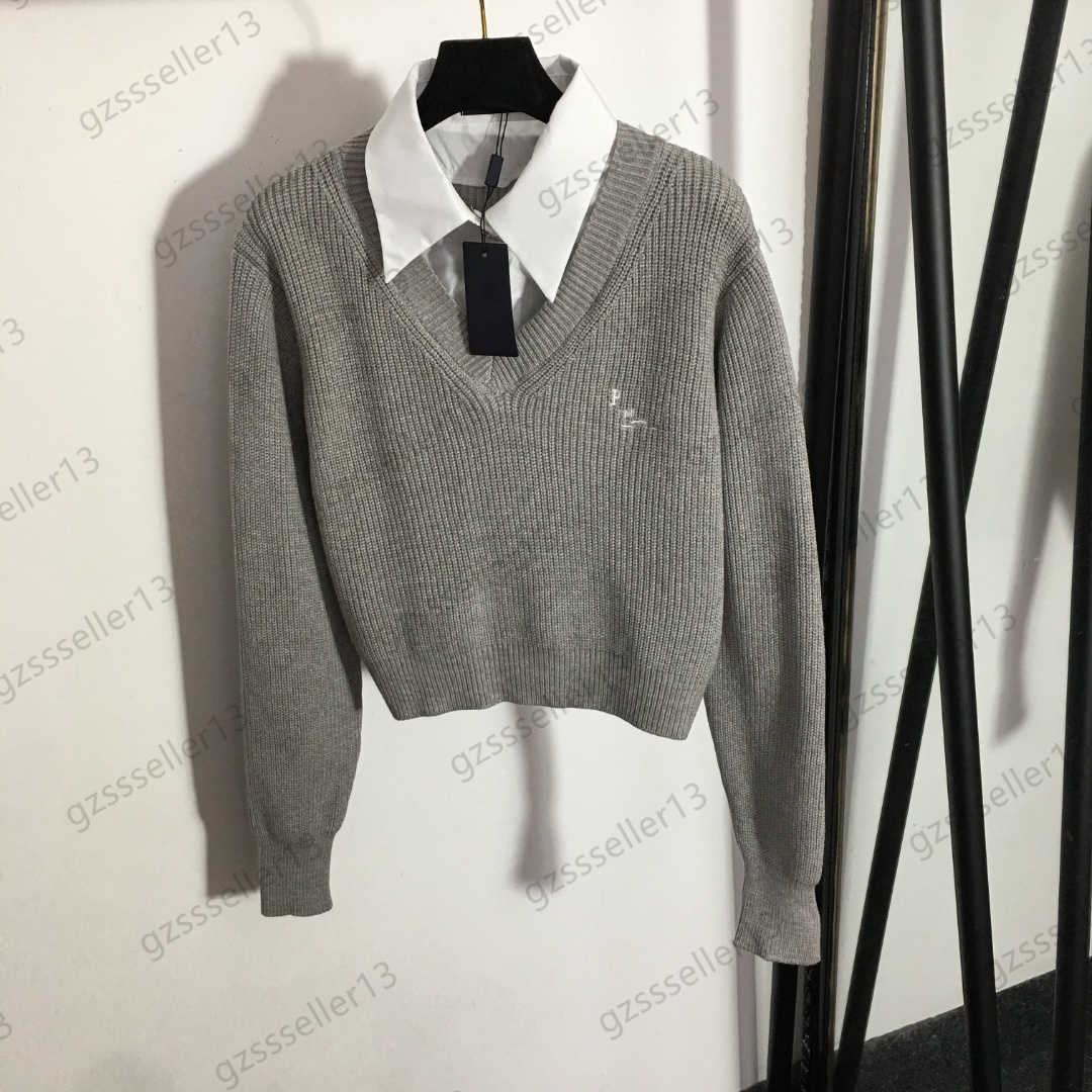 Womens Sweaters Shirt Collar Fake Two Pieces Buttons Spliced Knit Sweater Letter Embroidery Long Sleeve Slim Short Knitwear British Style Designer W