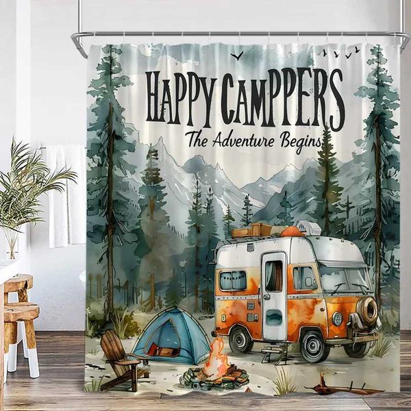 Vintage Camping Shower Curtains Abstract Mountain Camper Forest Scenery Polyester Fabric Home Bathroom Curtain Decor with Hooks M240824