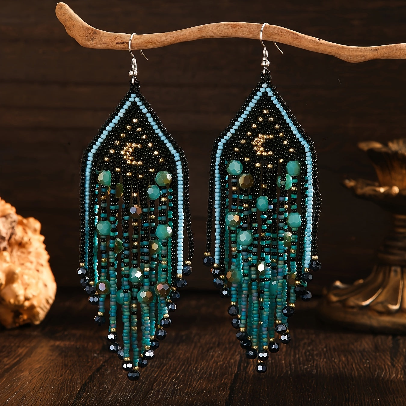 TEMU A Pair Of Women's Fashion Tassel Earrings Bohemian Style Artificial Pattern Glass Rice Beads Hand-woven Beading Suitable For Casual Attire
