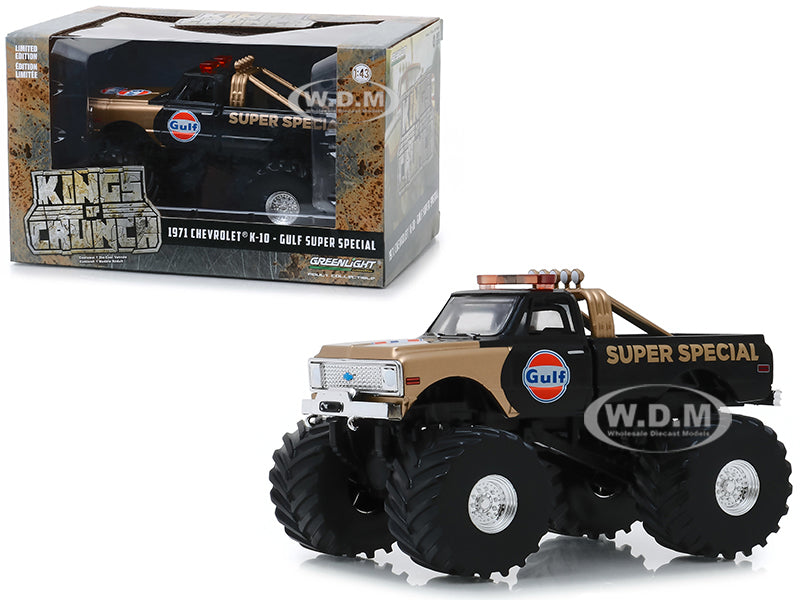 1971 Chevrolet K-10 Monster Truck "Gulf Super Special" Black and Gold with 66-Inch Tires "Kings of Crunch" 1-43 Diecast Model Car by Greenlight