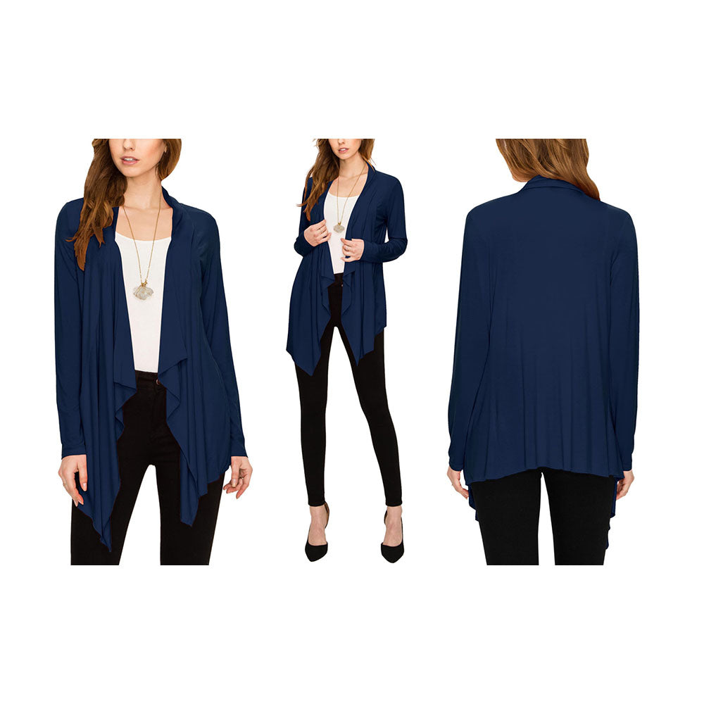Women's Draped Open Front Cardigan - Navy - Large