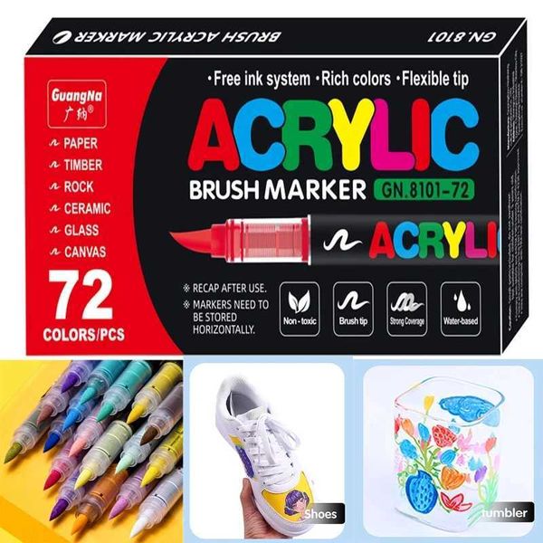 Watercolor Brush Pens 48 36 72 Colors Acrylic Markers Brush Pens Fabric Rock Painting Pen Stone Ceramic Glass Canvas Wood Making school Art