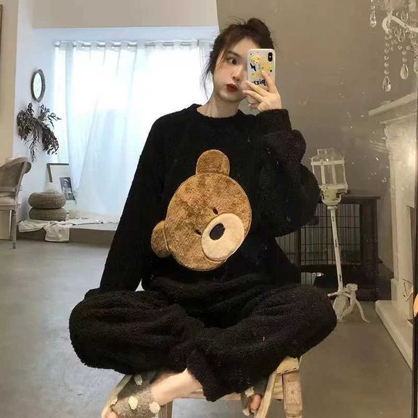 High Quality Fleece Thick Warm Wens Pajamas Set Winter Sleepwear Casual Solid Top and Print Cartoon Soft Pijamas Set for Wen He Suit T241104