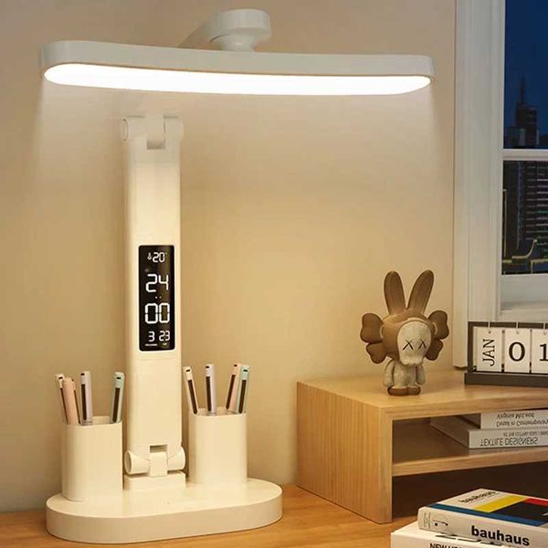 LED Clock Table Lamp USB Chargeable Dimmable Desk Lamps Foldable Eye Protection Desktop Reading Night Lights Study Lighting Z241123