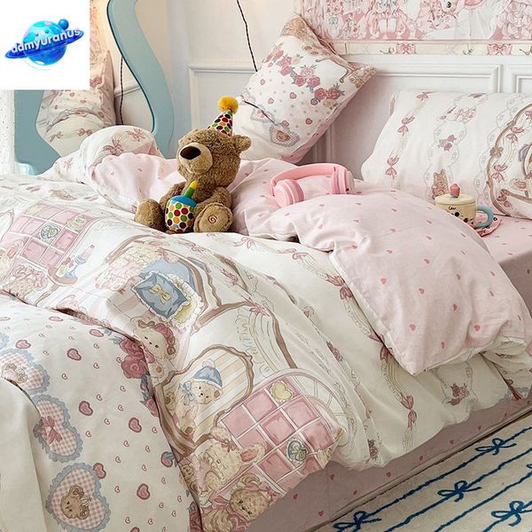 ddmyuranus Cute Bear Duvet Cover with Zipper Pink Heart Bed Sheet Pillowcases No Filler Twin Queen Size Girls Boys Gift Bedding Set