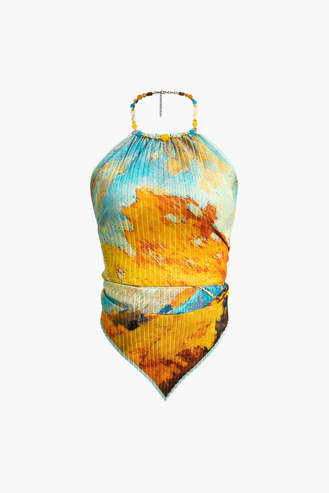 Oil Painting Print Pleated Beaded Halter Cami Top