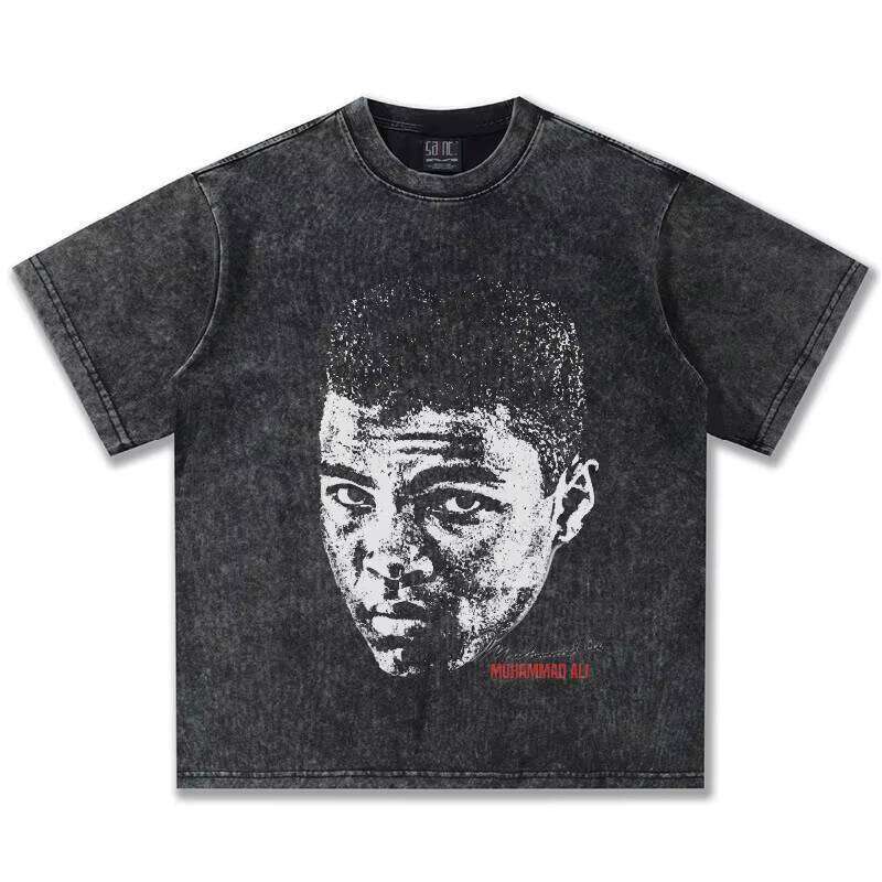 2025 Cross-Border Boxing Ali Men&#039;s Heavy Washed Vintage Women&#039;s Short Sleeve American Style Small Neck 100% Cotton T-Shirt
