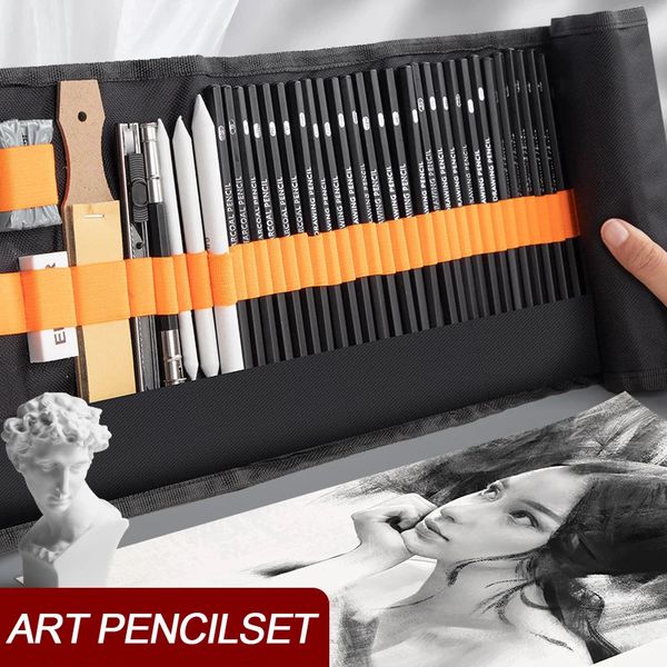 Pencils 27-38-47 Pieces Sketch Pencils Set with Roll Up Canvas Pen Bag Art Drawing Painting Charcoals Kneaded Eraser Sketching Kit 231212