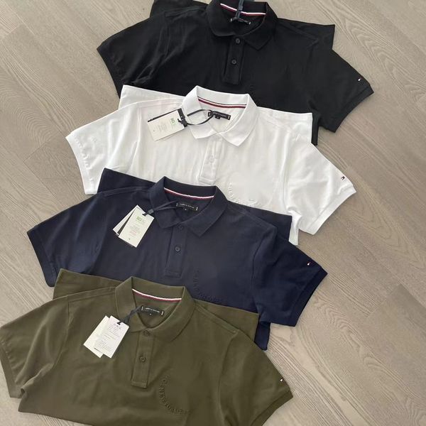 Hilfigers T-Shirts Summer Fashion Mens Minimalist Business Casual Embossed Embroidered Polos Collar Solid Color Pearl Cotton Short Sleeved P