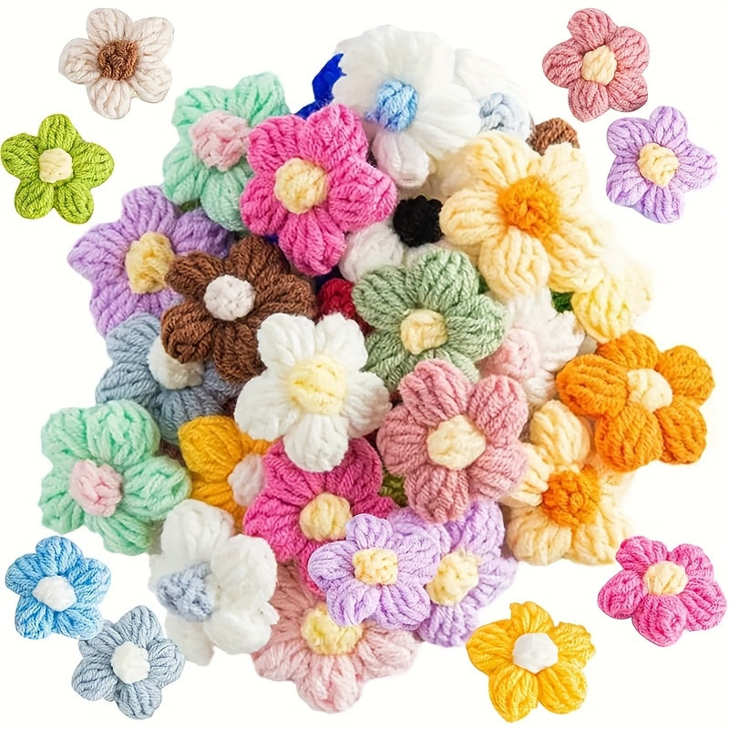 TEMU 50pcs Colorful Crochet Flower Patches - Handmade Polyester Sewing Decorations For Hair, Clothes, Hats, Bags & Party Decor | Vibrant Colors,