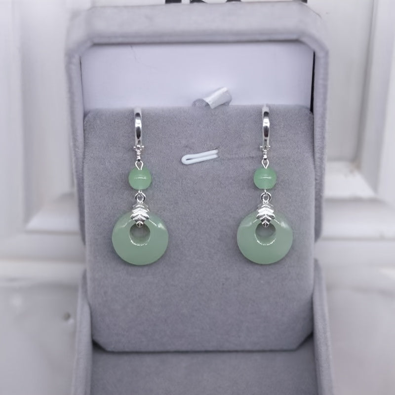 TEMU 1 Pair Of Vintage-inspired Jade Drop Earrings Posts - Elegant Long Dangle Design Featuring Synthetic Jade And Accents, Casual Attire Or Special