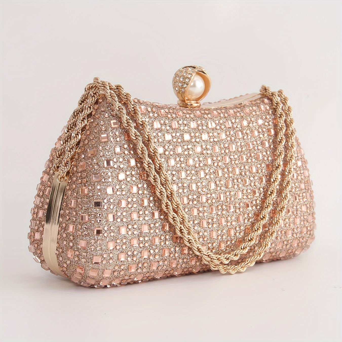TEMU Elegant Champagne Rhinestone Clutch - Fashionable Evening Bag With Detachable Shoulder Strap For Weddings & Parties