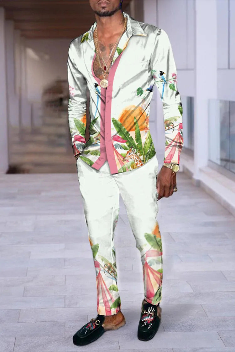 Hawaii Shirt Suit Men 3D Print Plants Flowers Fashion Casuan Breathable Mens Lapel Long Sleeve Shirt Long Pants Two Piece Set 240810