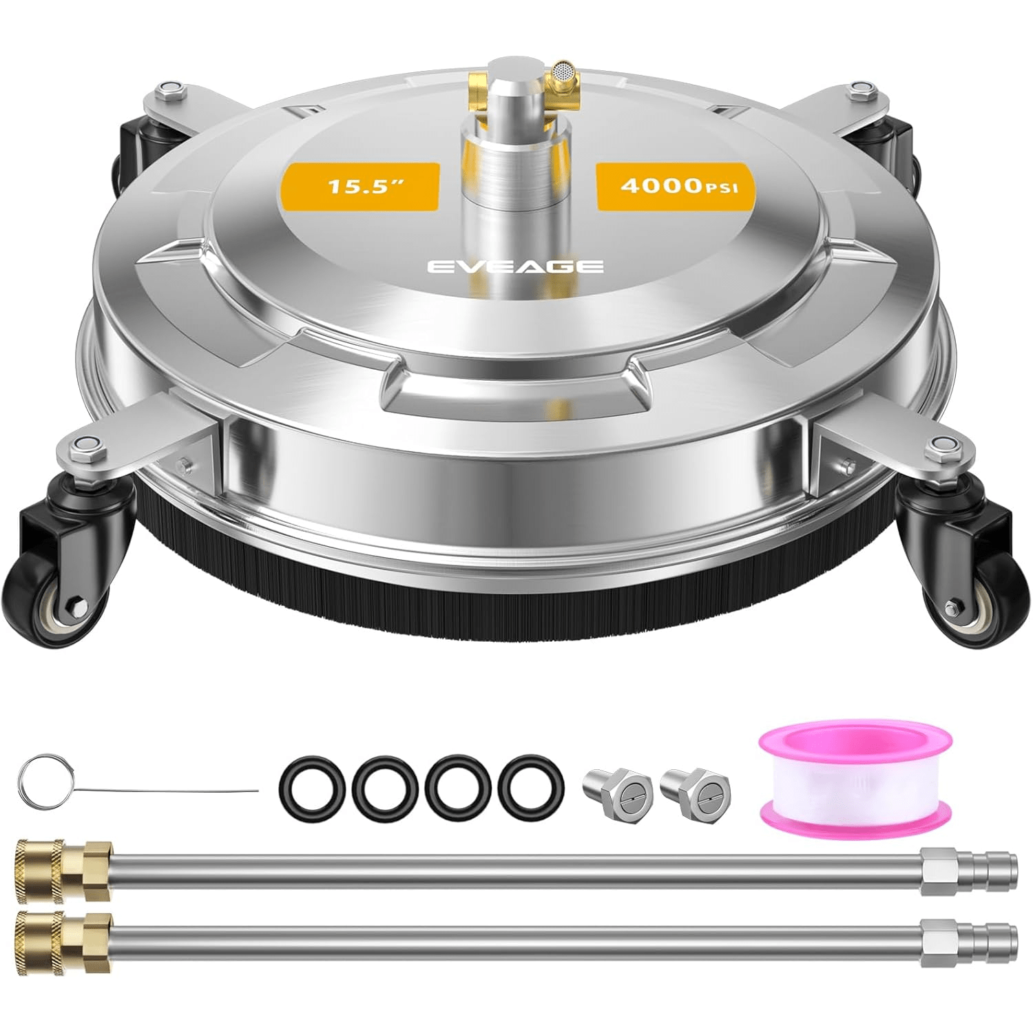 TEMU Eveage 15.5" Stainless Steel Pressure Washer Surface Cleaner With 4 Wheels & 2 Extension Wands - 4000 Psi Heavy-duty Power Washer For Driveways,