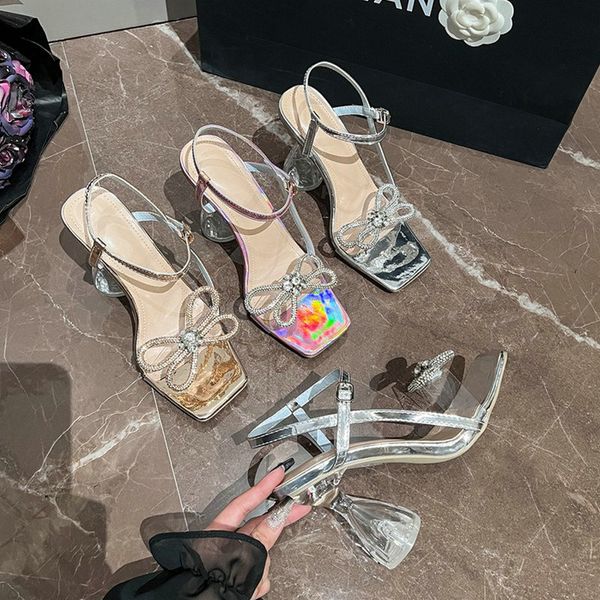 Summer 2024 New Rhie Bow Square Head One-e Buckle High Heel Crystal Sandals Women c5de
