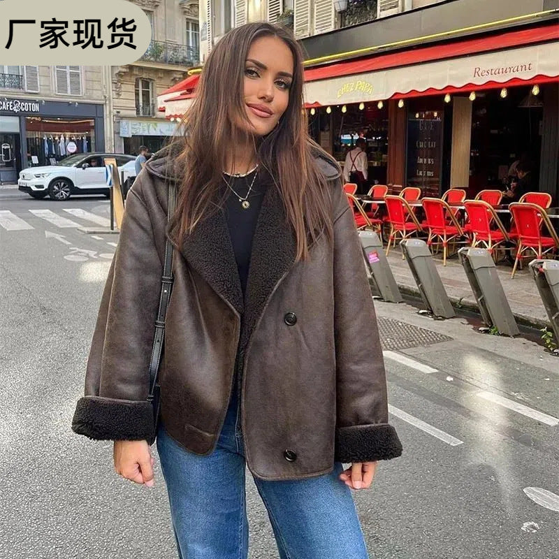 womens fashionable fur coat for winter 2024 featuring a large lapel navy blue collar aged thick long sleeves and a warm jacket 241021