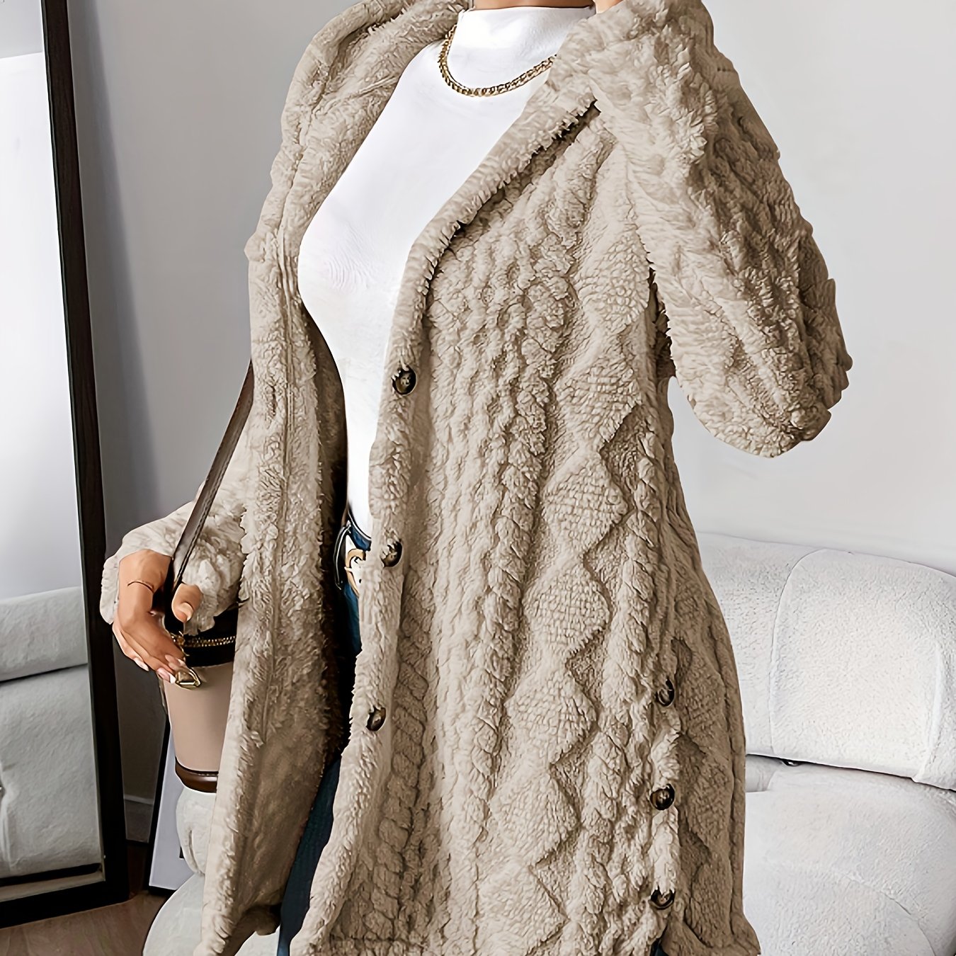 TEMU Autumn-winter Jacquard Plush Hooded Cardigan Coat