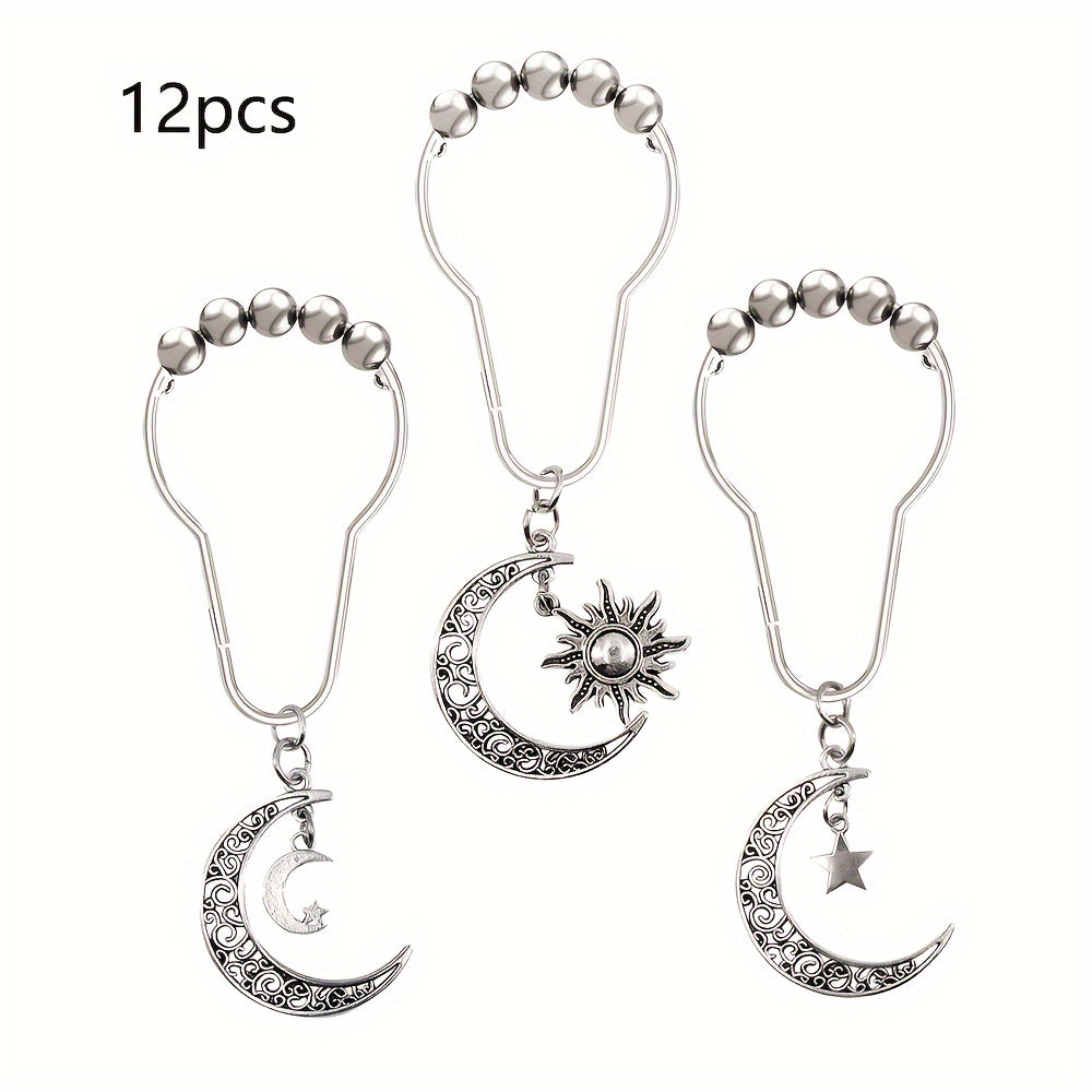 TEMU 12pcs Moon Decorative Cast Iron Shower Curtain Hooks With Waterproof And Rust-proof Coating, Creative Roller Ball Design, Bathroom Decor