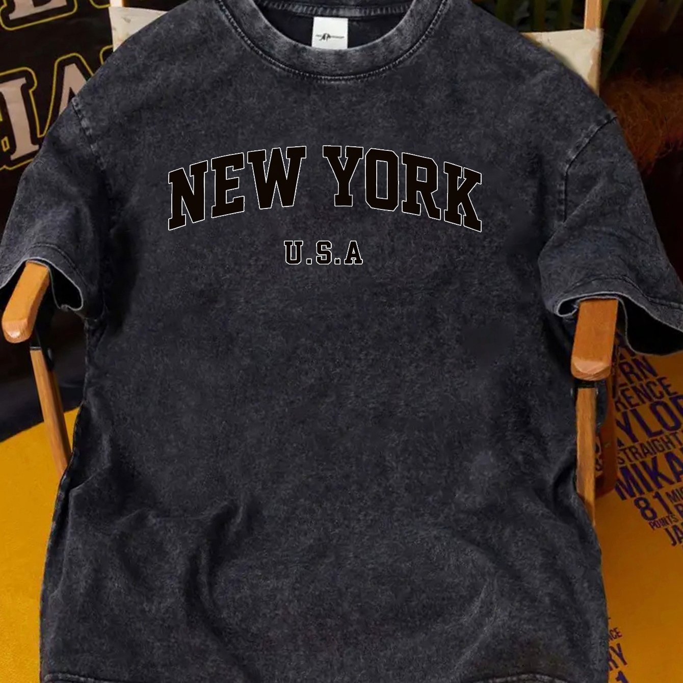 TEMU New . Men's Vintage Washed Cotton T-shirt - Casual Loose Fit With Distressed Letter Print, Round Neck , Vintage Tshirt, Relaxed Fit Shirt, Soft