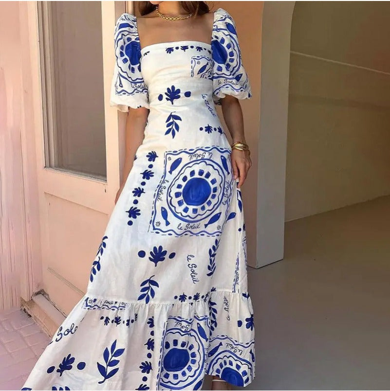 (576) European and American Women&#039;s Fashion One-shoulder Printed Bubble Short-sleeved Big Swing Skirt