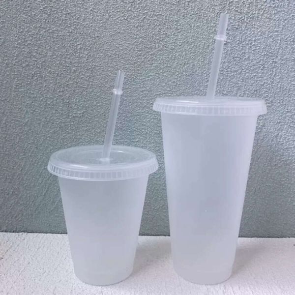 24Oz Clear Cup Plastic Mugs Transparent Tumbler Summer Reusable Cold Drinking Coffee Juice Mug With Lid And Straw Fy5305