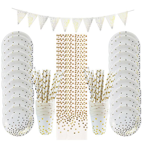 Other Event Party Supplies Gold Dot Disposable Tableware Paper Napkin Cups Knifes Forks Spoons Tablecloth Plates Straws for Wedding Birthday