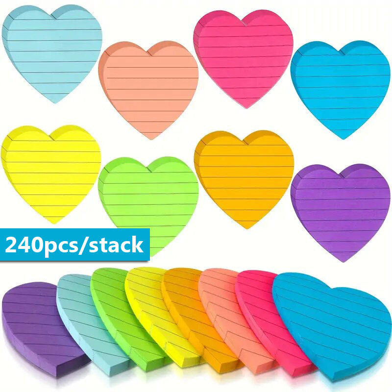 TEMU 240pcs Heart Sticky Notes With Lines - Assorted Colors For Students & Office Use Cute Sticky Note Pads Colored Notebook Paper, Sticker Notes For