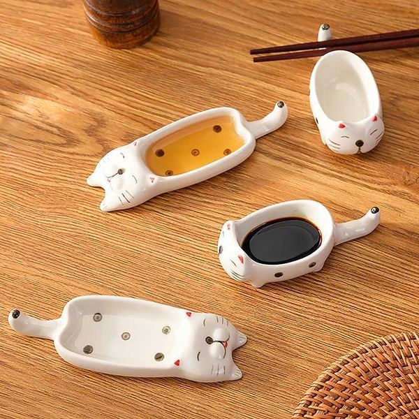 Cute Cat Ceramic Small Dish Mini Mustard Pesto Tomato Ketchup Soy Sauce Dish Seasoning Plates With Handle For Home Restaurant Y240902