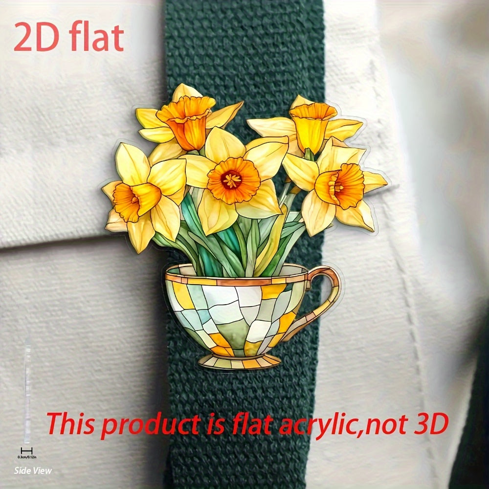 TEMU 2d Flat, 1pc Elegant Daffodil Tea Cup Acrylic Brooch Pin - Cartoon , Metal & Acrylic, Jackets, Backpacks, Party Accessories, Unique Gift For ,