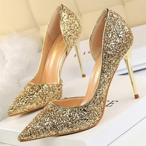 Plus Size 34-43 Women 9.5cm High Heels Stripper Bling Glod Red Silver Scarpins Pumps Lady Stiletto Wedding Bridal Fetish Shoes 250109