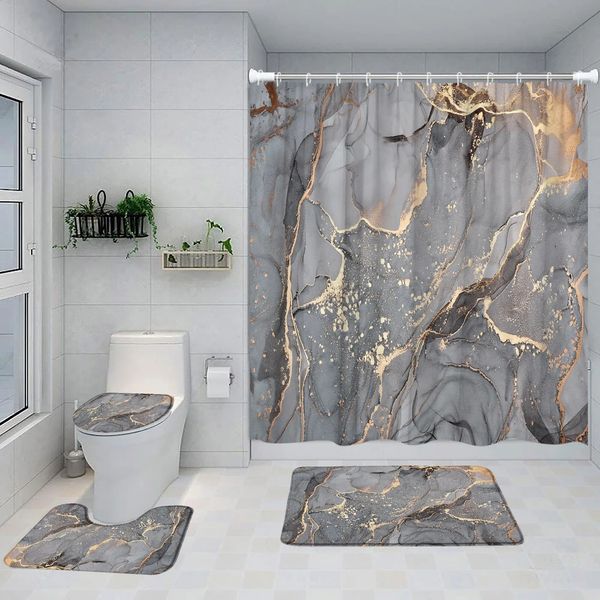 Gray Golden Crackle Marble Shower Curtain Set Modern Creative Marble Texture Fabric Bathroom Decor Curtain and Non-Slip Bath Mat 250120