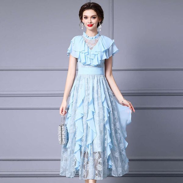 is A Dress Suitable for Beach Photography. Ice Blue Lace Ruffle Hem Long Skirt with Large Swing 2024 New Summer Collection Novelty Pregnant