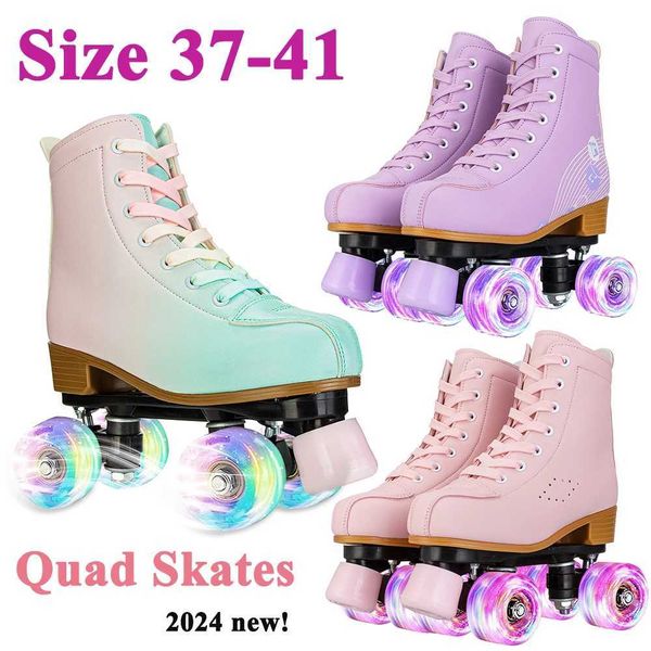 Inline Roller Skates Women Double Row Roller Skates PU Leather Breathable 4 wheel Skate Shoes Outdoor Sliding Skating Sneakers Size 37 38 39