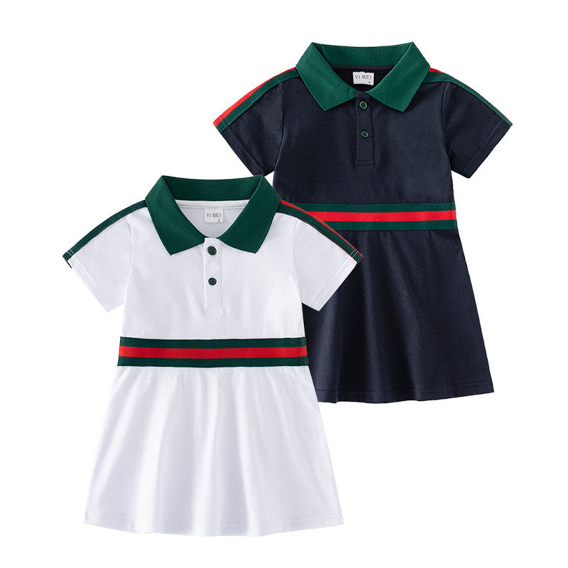 New 2023 Baby Girls Princess Dresses Summer Kids Short Sleeve Dress Turn-Down Collar Children Striped Skirts Child Skirt
