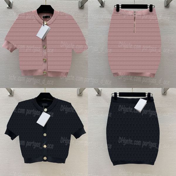 Knitted Women Dress Skirt Cardigan Luxury Designer Elegant Button Design Knits Young Lady Mid Skirts Black Pink Tops