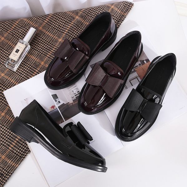 Ladies Thick heels dress slip on oxfords flats brand designer shiny leather single shoes women brief bowknot creepers loafers