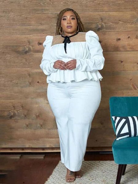 Blazer Set Women with Lacing Mesh Collar Long Sleeve White Top and Pant Outfit Plus Size Two Piece Suit Wholesale Dropshipping
